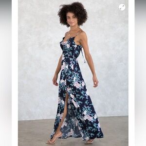 Lovestitch Floral Cowl Neck Maxi Dress Navy Lilac Open Back Slit Boho S